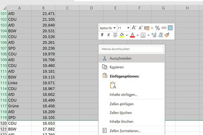 119 Sitze sind zu vergeben. Also werden 119 höchste Höchstwerte ausgeschnitten – und nach neuerlicher Sortierung in eine neue Excel-Datei eingefügt.
