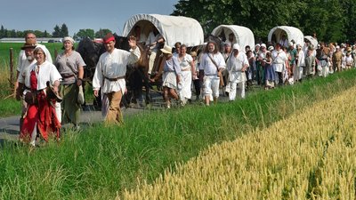 Mit Planwagen für das Gepäck geht es für die Teilnehmer des Historischen Besiedlungszuges im Juli wieder zu Fuß durch Mittelsachsen. Die 28. Auflage des Spektakels führt nach Grünlichtenberg, Marbach und Hartha wieder zurück nach Sachsenburg. 