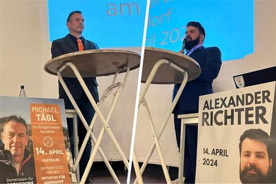 Michael Tägl (links), parteilos, und Alexander Richter (Kandidat auf der Liste für den Dorfgemeinschaftsverein Gornsdorf) stellten sich den Bürgern vor.