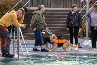 Ivonne Schmidt (Mitte) war erstmals mit ihrer Hündin Mia zum Abbaden im Freibad Raschau.