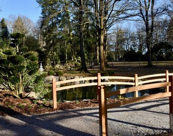 Ein neues Holzgeländer ziert die kleine Brücke über dem Teichzulauf.