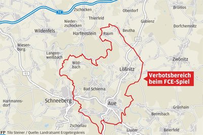 Die Karte zeigt den Verbotsbereich anlässlich des Fußballspiels in Aue am Dienstagabend.