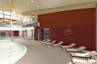 25-Millionen-Euro-Projekt im Erzgebirge: So soll das Kurbad nach dem Umbau aussehen - Die große Badehalle im Actinon Bad Schlema. An der Wand rechts ist der Übergang zur bereits fertig gestellten Solewelt zu sehen.