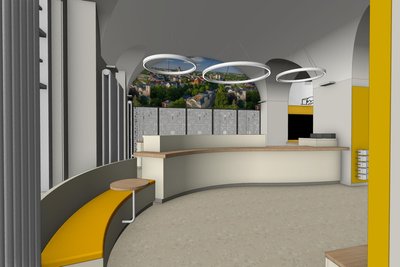 Das Herzstück der neuen Tourist-Information: Der große Beratungstresen und Sitzgelegenheiten nebenan.
