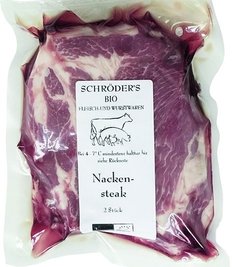 Note "gut": Ökotest empfiehlt auch das zweite Bioprodukt im Test: Schröder's Bio Nackensteak (Bioland). Was Tierhaltung betrifft, sei der Hersteller transparent. Das Steak schmecke.