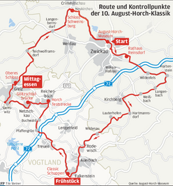 Übersicht: Route und Kontrollpunkte der 10. August-Horch-Klassik.
