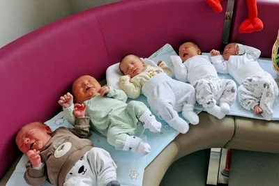 Fünf der sechs Babys, die am Wochenende im Zschopauer Krankenhaus zur Welt kamen.