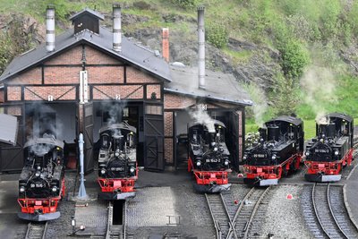 Fahrzeugparade der Schmalspurlokomotiven der Baureihe IV K zum Auftakt des Pfingstfahrbetriebs. Links außen die Gastlok, die 1984 die letzte Dienstfahrt mitgemacht hatte.