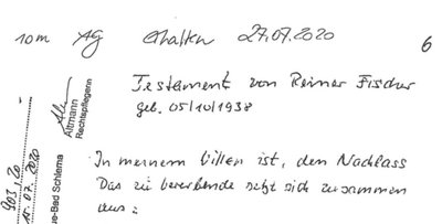 Ein kleiner Auszug des handschriftlichen Testaments, welches neben anderen Erben auch die Gemeindeverwaltung Gornsdorf und die Evangelisch-Luthe-rische Kirchgemeinde großzügig bedacht hat. 