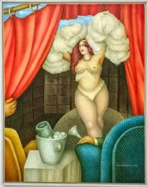Das Gemälde "Sesselbilder Tanzbar" von Uwe Bullmann ist zum ersten Mal in der von ihm gegründeten Galerie Borssenanger zu sehen.