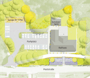 So soll das Umfeld des Rathauses im Jahnsdorfer Ortsteil Leukersdorf neu gestaltet werden. Es entstehen eine neue Zufahrt und Parkplätze. Der Platz vor dem Gebäude wird offener gestaltet. 