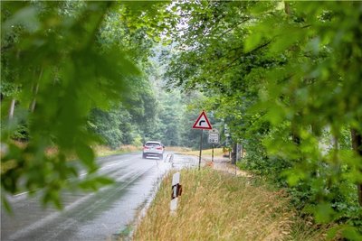 Die Staatsstraße S 297 auf Höhe der Schiffsanlegestelle und des Kletterwaldes: In Blickrichtung Gunzenberg soll links der Straße ein Radweg angelegt werden. Ein Blick auf Topografie und Bewaldung zwischen Straße und Pöhl-Ufer lässt erkennen: Das Vorhaben erfordert einiges an Aufwand. 