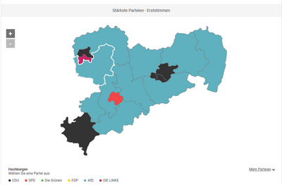 Erststimmenverteilung in Sachsen. Mehr Wahldaten auch unter www.freiepresse.de/btw21