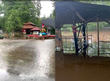 Landunter hieß es am Samstag im Freizeitpark Plohn. Der Wartebereich der Floßfahrt und der Platz am Märchenbrunnen wurden überflutet.