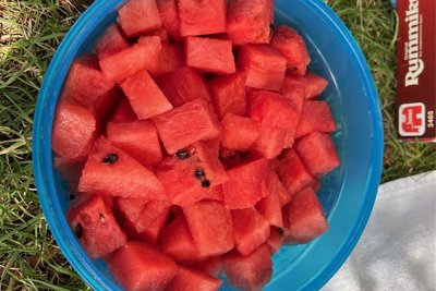 Badegäste im Freibad Gablenz haben sich Melone mitgebracht. Ihren Piccolo haben die Damen schnell unter der Decke versteckt.