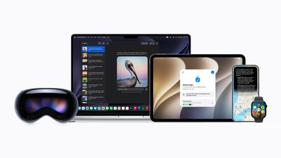 Die Apple-OS-Generation 27 mit visionOS (links), macOS (2. v.l.), iPadOS (Mitte), iOS (2. v.r.) und watchOS (rechts) soll voraussichtlich im September verfügbar sein. 