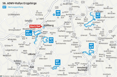 Diese sechs Wertungsprüfungen absolvieren die Starter der Rallye Erzgebirge jeweils zweimal.