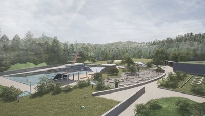 Blick aufs Freibad vom historischen Pavillon aus. Die Visualisierung ist Grundlage der Planung. Für deren Fortgang sind Vorschläge und Ideen der Auerbacher ausdrücklich erwünscht. 