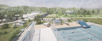 Perspektive vom 10-Meter-Turm: So könnte das Waldbad Brunn nach dem Rückbau zum Freibad aussehen. Links der Wasserspielplatz; an Stelle des Variobeckens und der Schwimmhalle Liegeflächen in der Nachmittagssonne, rechts das Schwimmbecken um Nichtschwimmerbereich mit Rutsche erweitert.