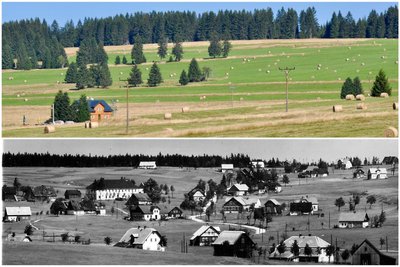Sauersack um 1935 und heute: Nur die einstige Poststelle blieb erhalten. In der historischen Aufnahme ist es unten das vierte Haus von rechts.