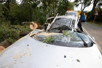 Dieses Auto war beim Unwetter am Dienstag von einem Baum völlig zerstört worden.