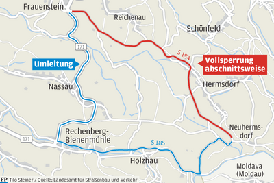 Während der Bauzeit der Staatsstraße führt die Umleitung großräumig durch die Region. 