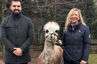 300 Blutspender so tapfer wie Alpakahengst Karl-Heinz im Zoo der Minis Aue - Kevin Krenkel vom DRK-Blutspendedienst, Alpakahengst Karl-Heinz und Bärbel Schroller im Auer Zoo der Minis. 