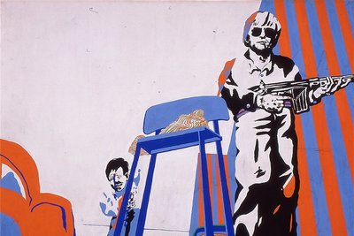Selbstporträt in martialischer Pose: "Grandiose Aussichten", 1967, Kunstharz auf Leinwand, 140 x 190 cm, von Uwe Lausen. 