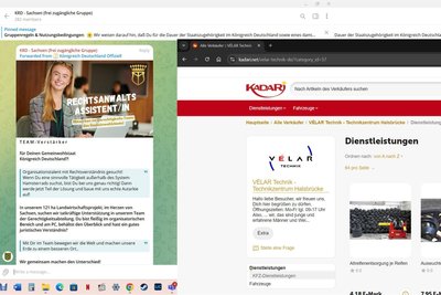 Auf Telegram sucht das KRD derzeit Rechtsanwaltsassistenten, auf dem "Gemeinwohlmarktplatz Kadari" wird indes der Reifentausch in Halsbrücke angeboten.