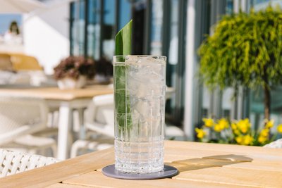 Der Coconut Water Cooler wird im Highball-Glas auf Eis und dekoriert mit Minze oder einem Pandan-Blatt serviert. Die Pflanze aus Asien bringt ein süßlich-nussiges Aroma und einen tropischen Twist.