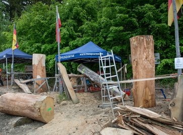 Mittwoch: Die Teilnehmer suchen sich das Holz aus. Sie verwenden Eichenholzstämme, die in der Regel einen Umfang von mehr als einem Meter haben müssen. Das Holz stellt der Veranstalter Andreas Martin zur Verfügung. Am ersten Tag bereiten die Teilnehmer das Holz vor, indem sie die Rinde entfernen. Es werden Skizzen angebracht und die ersten Figuren einer Gruppe erhalten grobe Konturen.