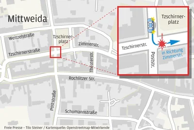 Die Kreuzung in Mittweida. An der gezeigten Stelle ereignete sich der Unfall.