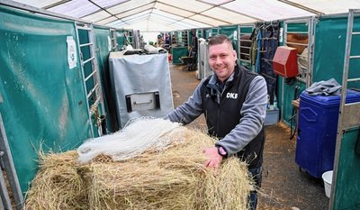 Stallmeister Robin Hallbauer in einem der neun Stallzelte vor der Messe Chemnitz. Der 33-Jährige kontrolliert regelmäßig, ob die Boxen in Ordnung sind oder die Reit-Teams Hilfe brauchen. 