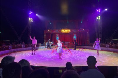 Am Abend steht Celina im Scheinwerferlicht. Gemeinsam mit Papa Sergiu und Mama Stephanie zeigt sie eine Haustiershow mit Eseln und Ziegen.