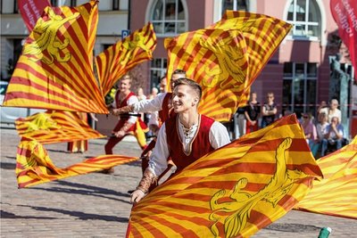 Fahnen wie Fächer: Das Ensemble aus Wroclaw zeigte auf dem Plauener Altmarkt ihr Können. Viele Besucher waren beeindruckt.