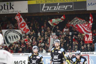 Grund zu Jubeln für die Fans der Eispiraten: ihr Verein hat den Klassenerhalt geschafft. Hier ein Bild vom Spiel gegen Bayreuth am Dienstag.