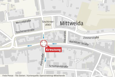 Die Kreuzung Rochlitzer Straße und Poststraße in Mittweida.