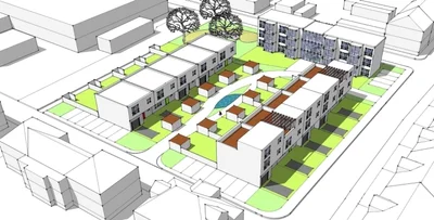 So könnte die Fläche an der Frankenberger Friedrichstraße/Ecke Dr.-Bruno-Kochmann-Straße einmal aussehen. In einem ersten Schritt plant die Wohnungsgesellschaft dort den Bau von zwei bis drei Reihenhäusern im Dessauer Bauhaus-Stil.
