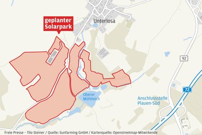 Auf den rot markierten Flächen könnten Solarpanels in zwei bis vier Meter Höhe installiert werden, wenn das Projekt umgesetzt wird.