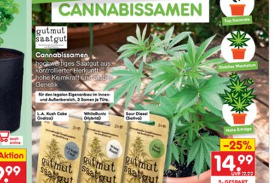 Drei Cannabissorten zum Preis von rund 15 Euro pro Tütchen gibt es seit Montag in ausgewählten Netto-Märkten zu kaufen.