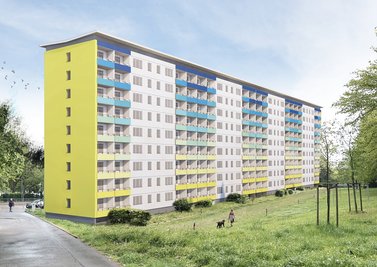 Entwurf für die für 2020 geplante Modernisierung eines Neungeschossers an der Carl-von-Ossietzky-Straße im Beimlergebiet.