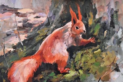 Die Natur hat es der Malerin angetan. Neben Blumenmotiven finden sich auch Tiere wie dieses Eichhörnchen.