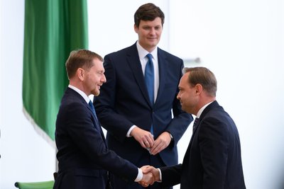 Ministerpräsident Michael Kretschmer, Staatskanzleichef Conrad Clemens und der neue Landtagspräsident Alexander Dierks (alle CDU) vergangene Woche im „alten“ Landtag.