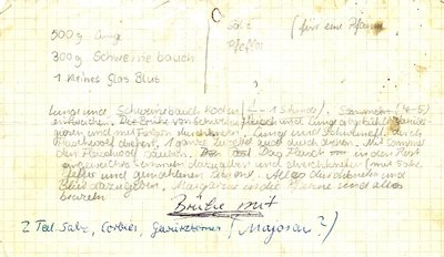 Das Original-Rezept vom Sohn in den 80er Jahren nach Erklärung der Großmutter aufgeschrieben.