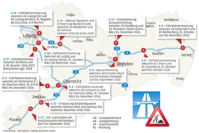 Die größten Baustellen auf Sachsens Autobahnen 2026 im Überblick.