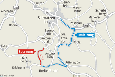 Ist die Staatsstraße zwischen Antonsthal und Breitenbrunn gesperrt, führt die offizielle Umleitung ab Schwarzenberg über Raschau, Pöhla und Rittersgrün nach Breitenbrunn - analog in Gegenrichtung. 