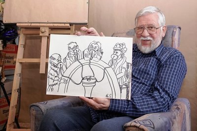 Puppenspieler Heinrich Schulze mit der für Talkshows besonders geeigneten Quasselstromanlage. Gustavs Erfindung, die in Folge 7 allerdings erst einmal genehmigt werden sollte ...