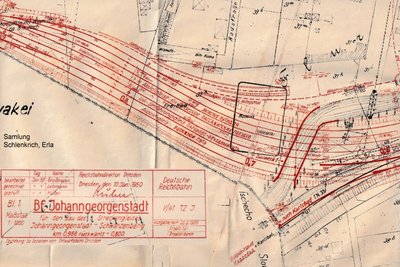 Ausschnitt aus dem Gleisplan für den Umbau des Johanngeorgenstädter Bahnhofes in den 1950er-Jahren. Der einstige Badstandort ist eingezeichnet.