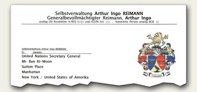 Das offizielle Wappensiegel von Arthur Ingo Reimann auf einem Anschreiben an die Vereinten Nationen. Reimann verdient seit Mitte der 1990er-Jahre als freier Handelsvertreter sein Geld. 