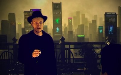 
              <p class="artikelinhalt">Laiendarsteller Maik Bräuer vor einer Großstadtkulisse. Der Hintergrund im Kurzfilm "Das Diktat der Bilder" ist an Fritz Langs Klassiker "Metropolis" angelehnt. </p>
            